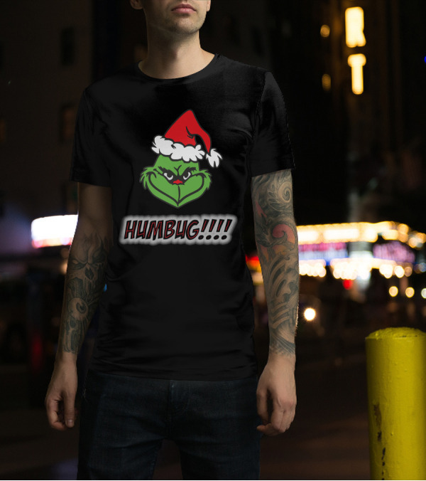 Humbug Grinch Wearing Santa Hat With HUMBUG Text T-Shirt