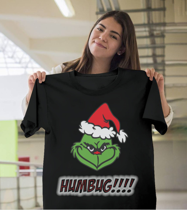 Humbug Grinch Wearing Santa Hat With HUMBUG Text T-Shirt