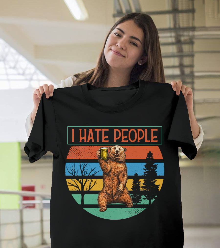 I Hate People Bear Holding Beer Retro Style Vintage Sunset T-Shirt