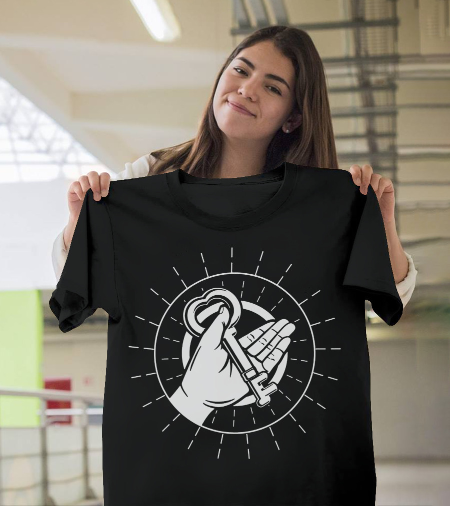 Key Of Life Hand Holding Heart Shaped Key Radiating Lines T-Shirt