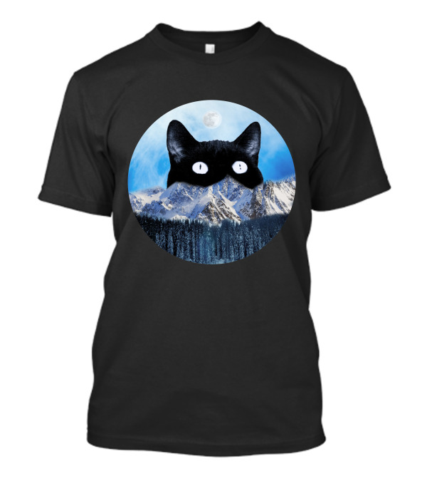 Meow Big Head Cat Moonlit Mountain Scene T-Shirt