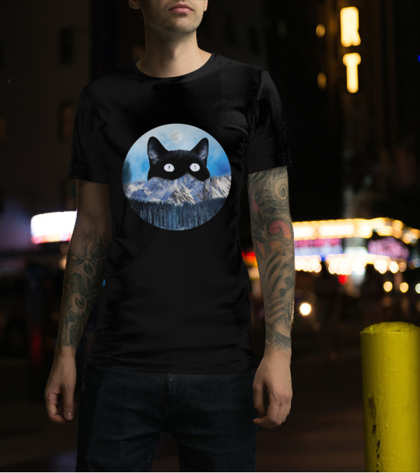 Meow Big Head Cat Moonlit Mountain Scene T-Shirt