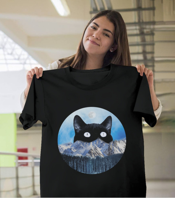 Meow Big Head Cat Moonlit Mountain Scene T-Shirt