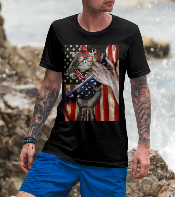 Meowica Cat 4th Of July American Flag Celebration With Patriotic Accessories T-Shirt