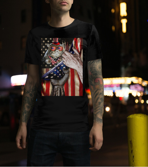 Meowica Cat 4th Of July American Flag Celebration With Patriotic Accessories T-Shirt