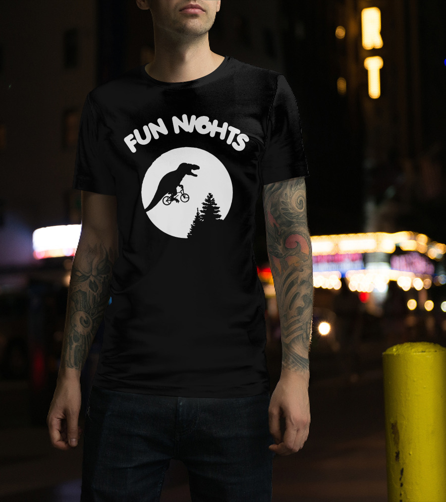 Fun Nights Dinosaur On Bicycle Moon Scene T-Shirt