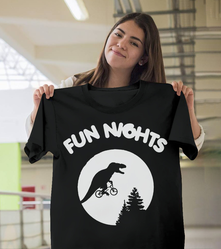 Fun Nights Dinosaur On Bicycle Moon Scene T-Shirt