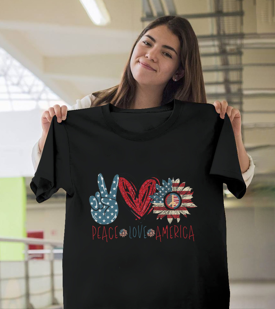 Peace Love America 4th of July Patriotic Star Heart Sunflower T-Shirt