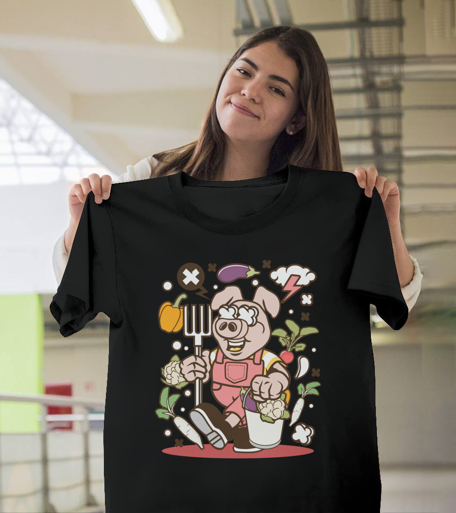 Pig Farmer Cartoon with Vegetables and Pitchfork T-Shirt
