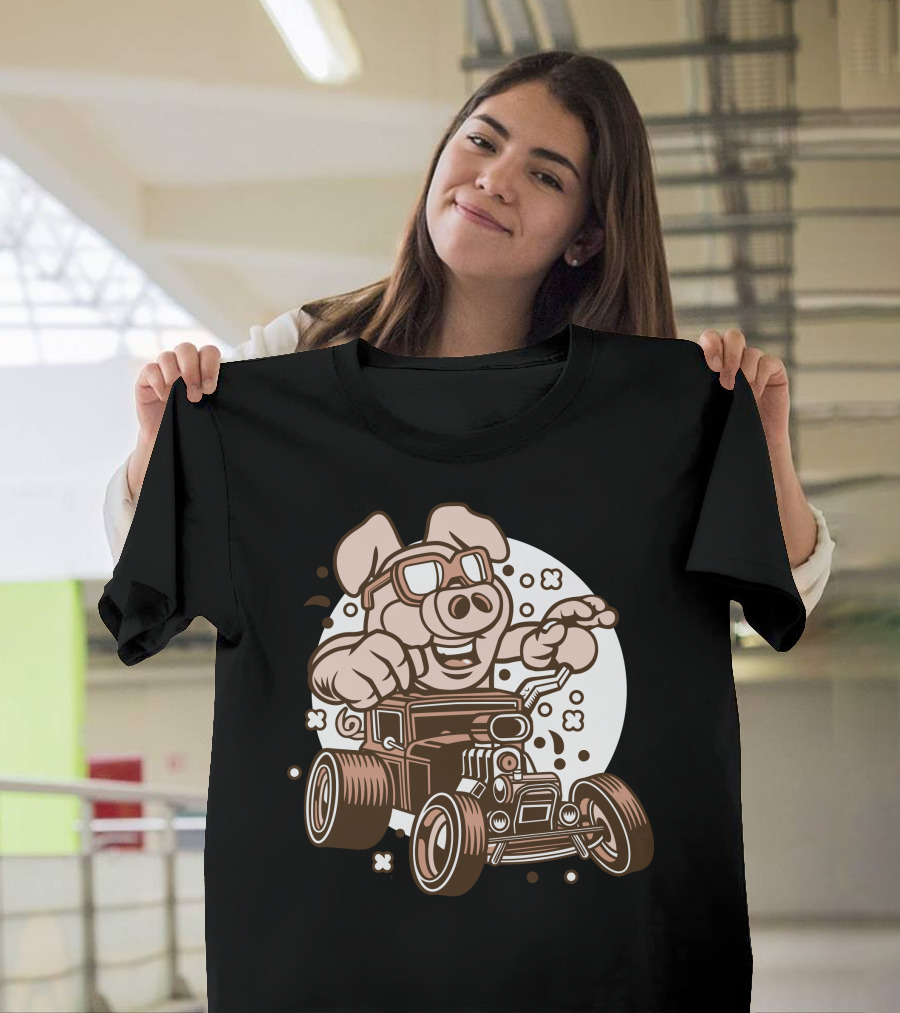 Pig Driving Vintage Hotrod Car Racing Adventure T-Shirt