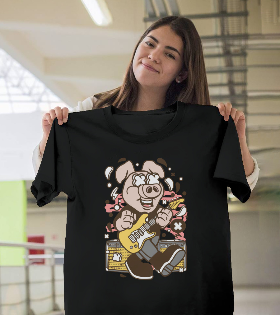 Pig Rocker Electric Guitar Amplifier Cartoon Character T-Shirt