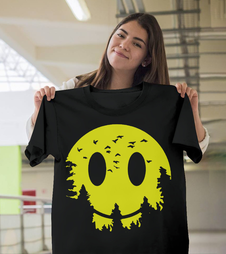 Smiley Moon Silhouette with Trees and Birds T-Shirt