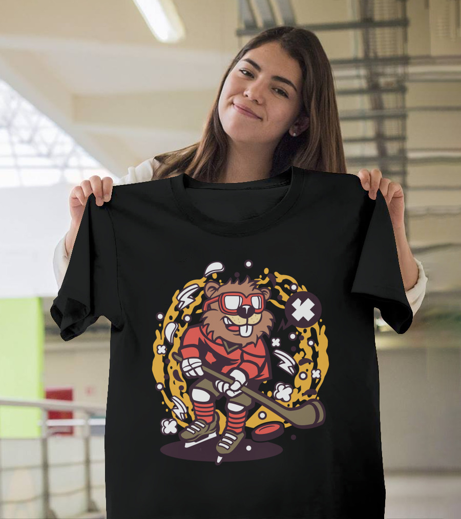 Beaver Hockey Player Cartoon Skating with Stick and Puck T-Shirt