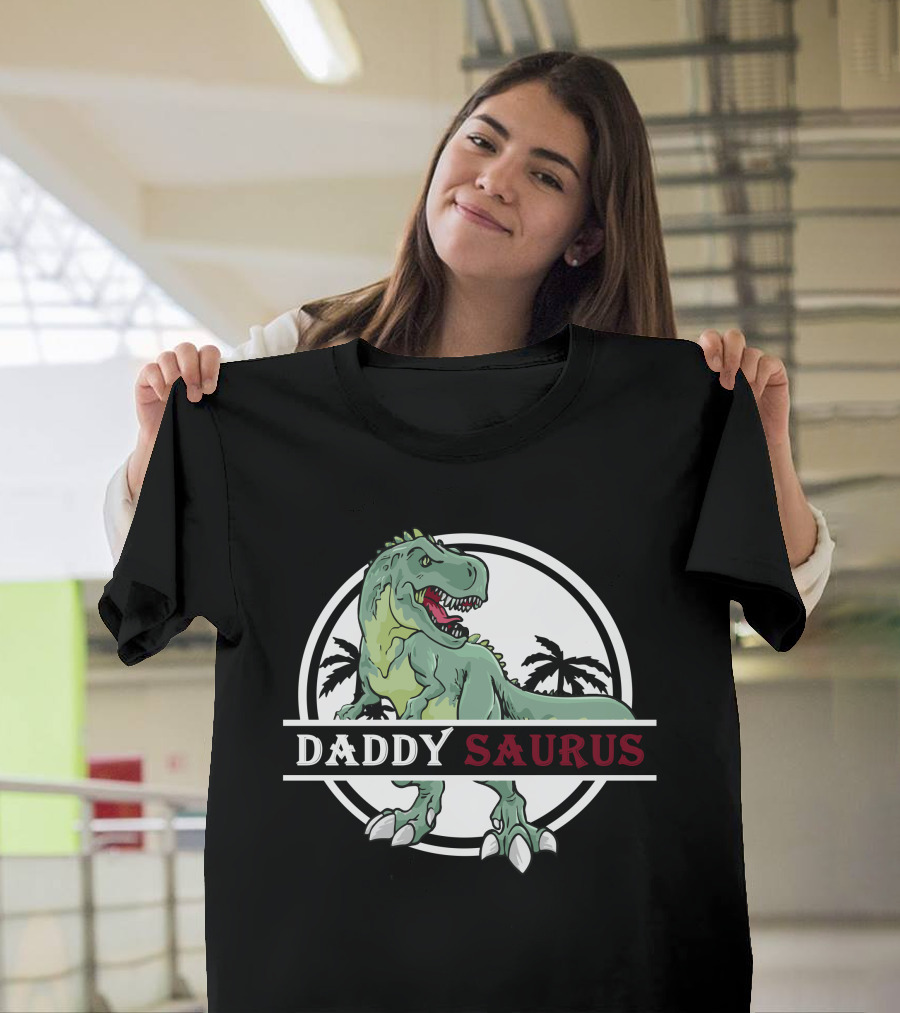 Daddy Saurus Dinosaur with T-Rex and Palm Trees T-Shirt