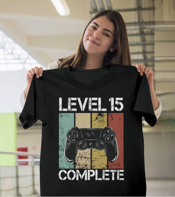 Level 15 Complete Video Game Controller Retro Stripes T-Shirt