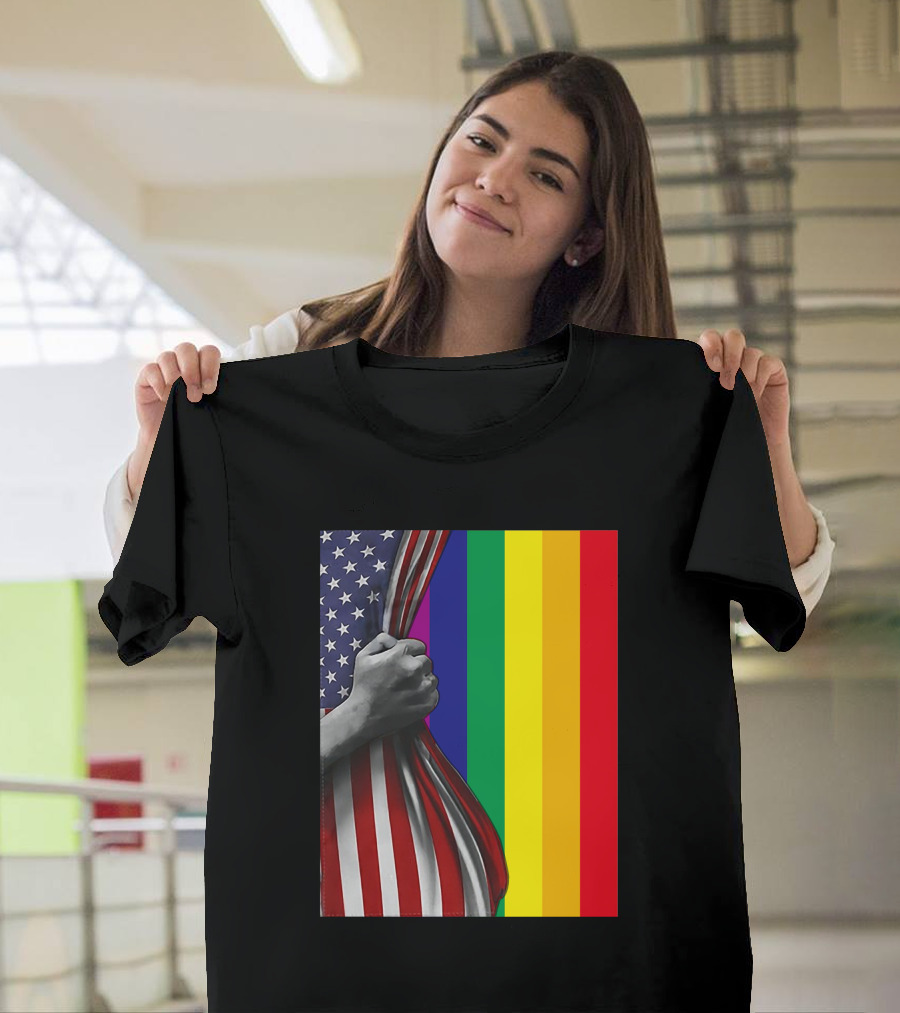 LGBT American Flag Pride Hand Pulling Back Stars Stripes Rainbow Colors T-Shirt