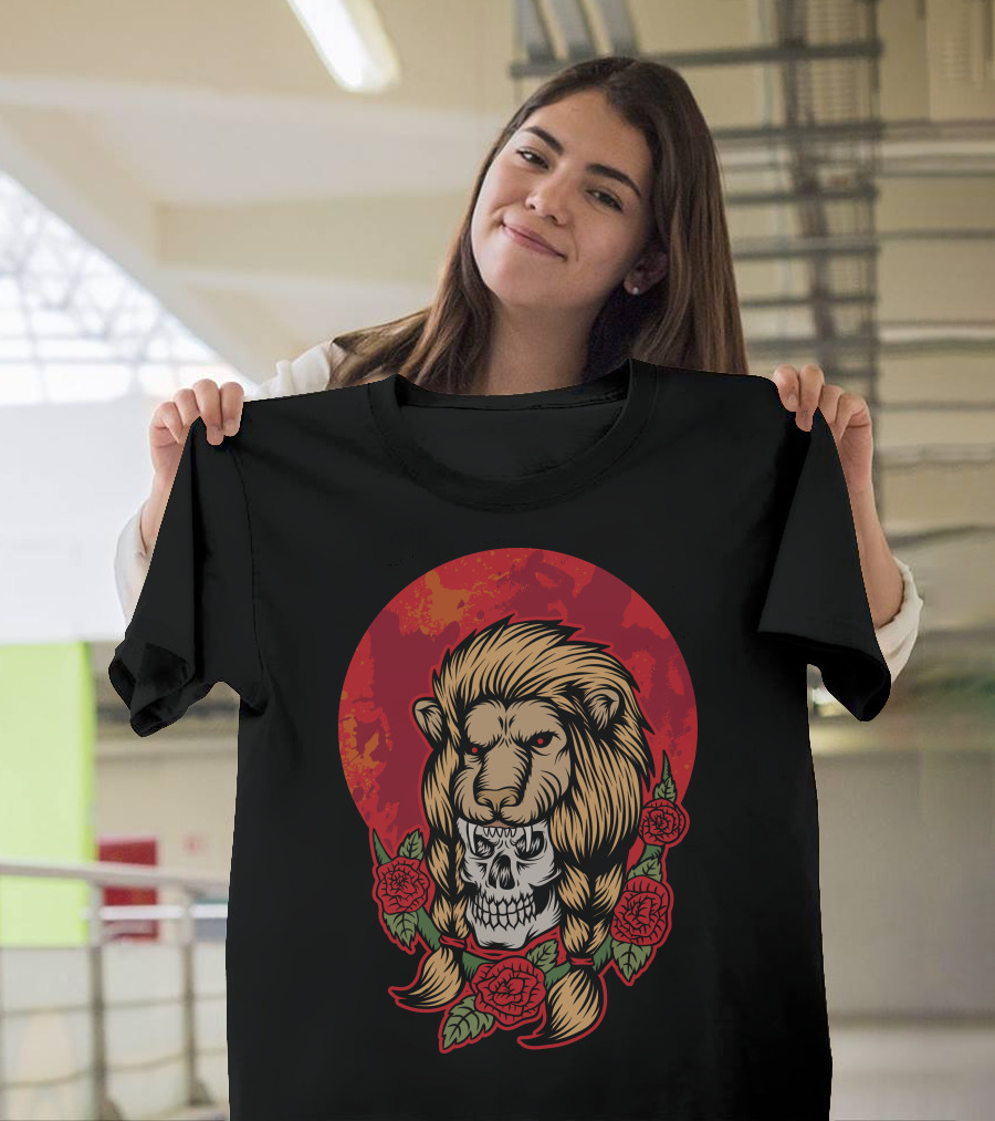 Lion Skull Red Sun Roses T-Shirt