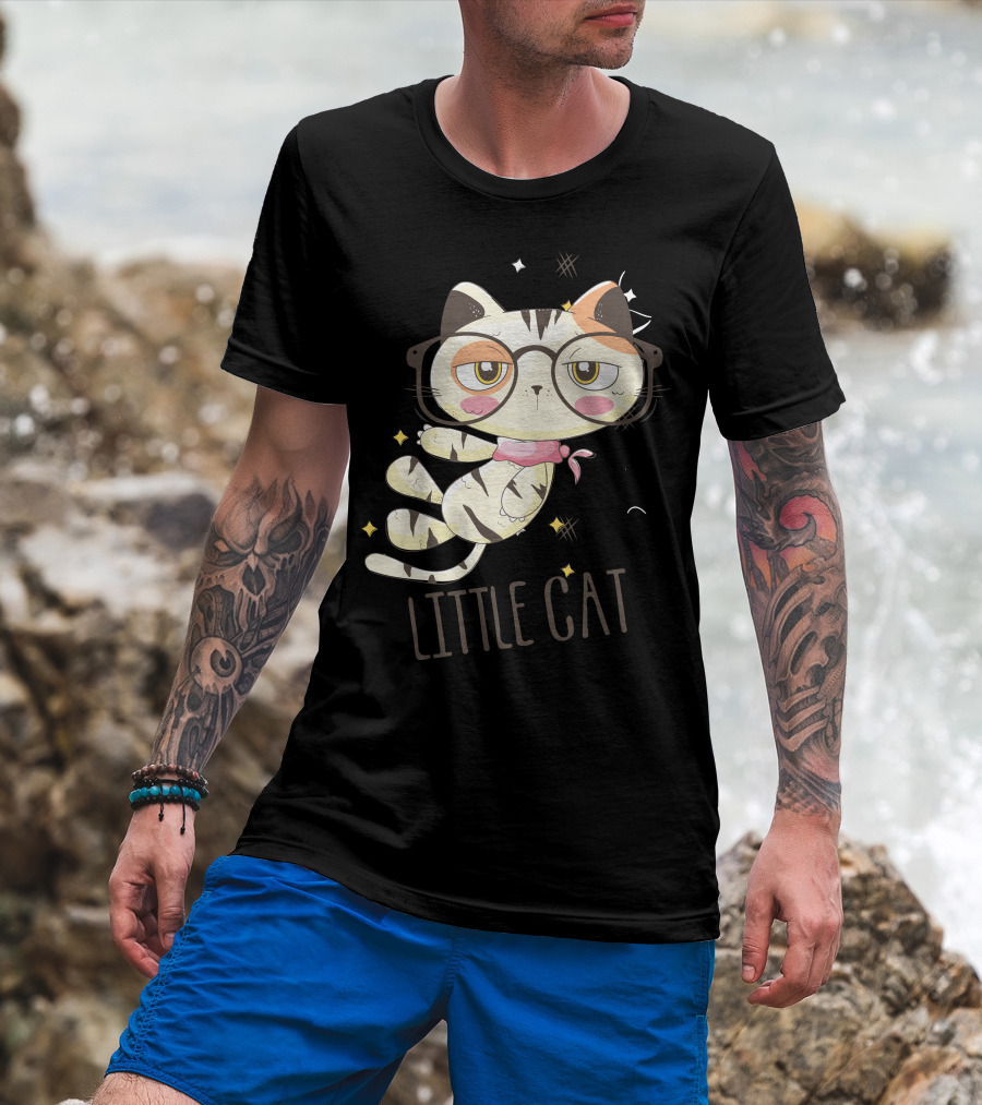 Little Cat Glasses Cartoon Calico Drawing T-Shirt