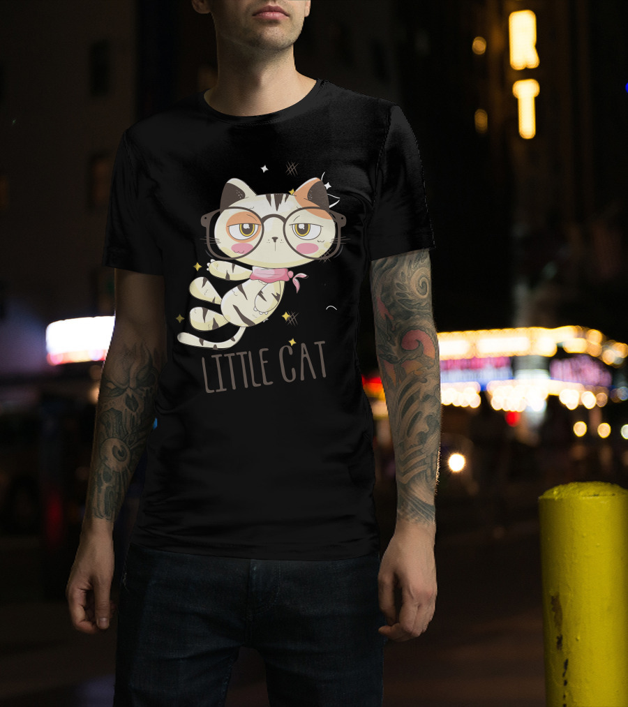 Little Cat Glasses Cartoon Calico Drawing T-Shirt