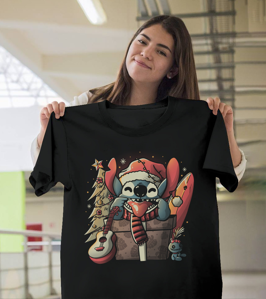 Ohana Stitch Christmas Holiday Santa Hat Surfboard Ukulele Gift Box T-Shirt