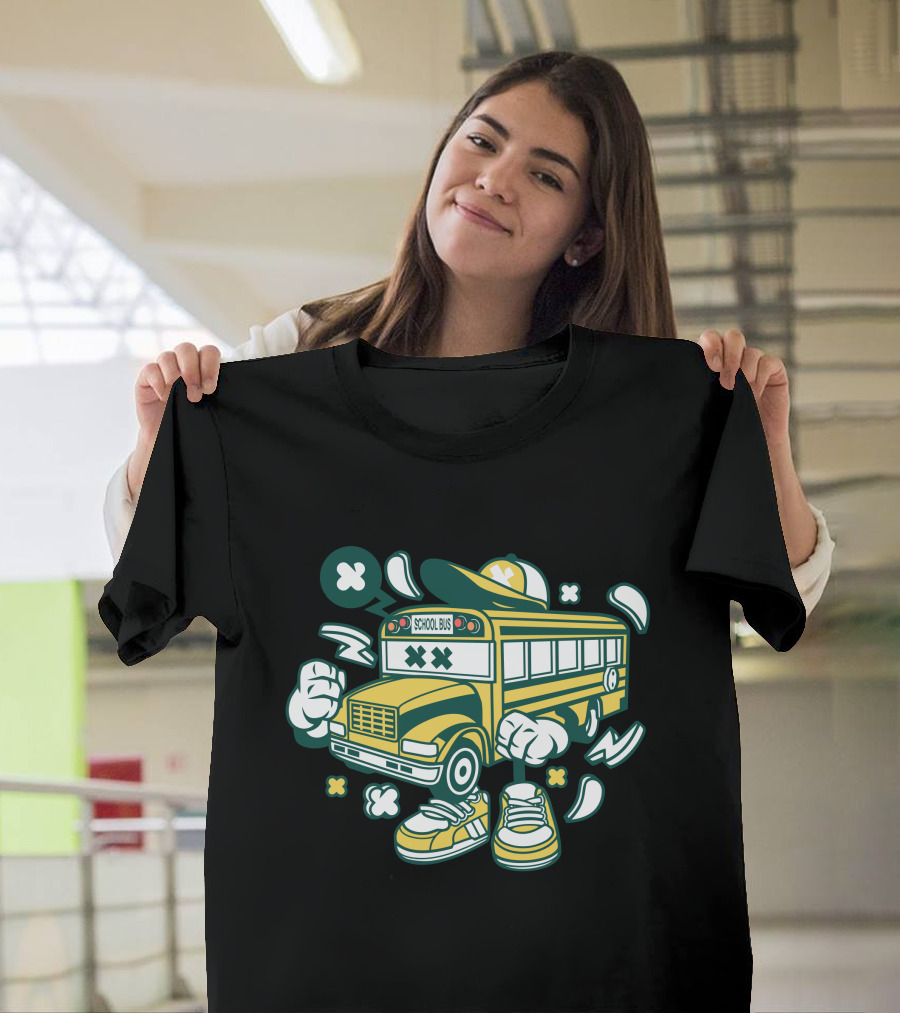 School Bus Cartoon with Sneakers and Hat T-Shirt