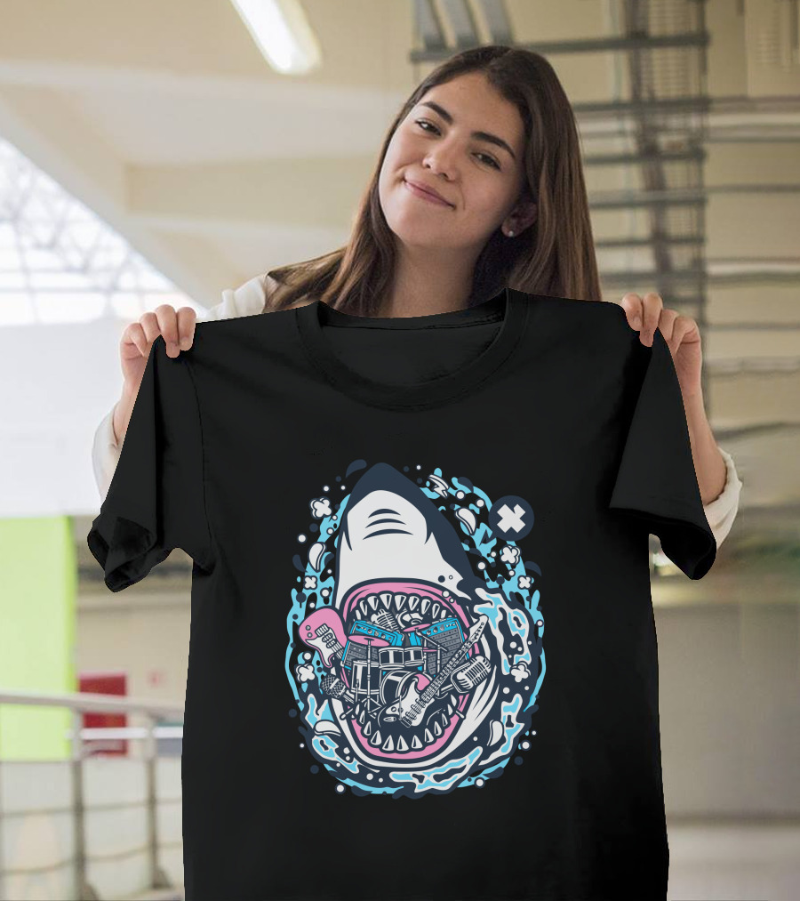 Shark Rock Electric Guitars and Drum Set Ocean Wave Fusion T-Shirt