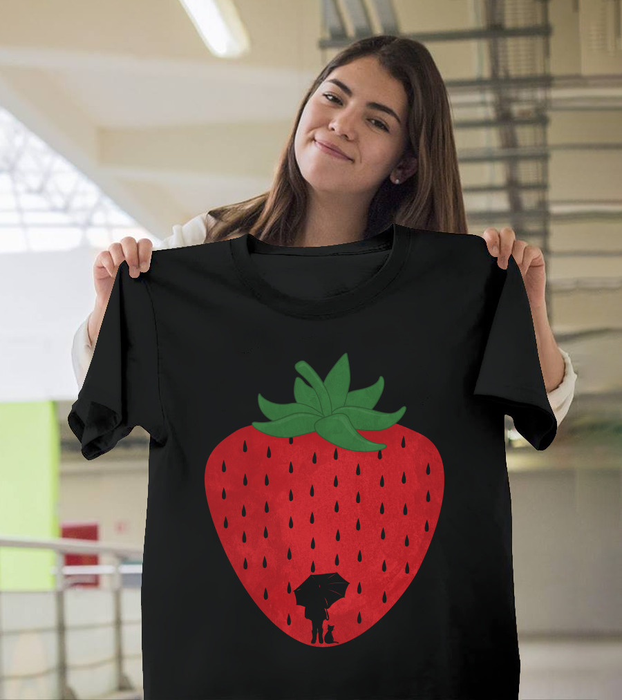Strawberry Rain Silhouette Under Umbrella with Cat and Raindrops T-Shirt