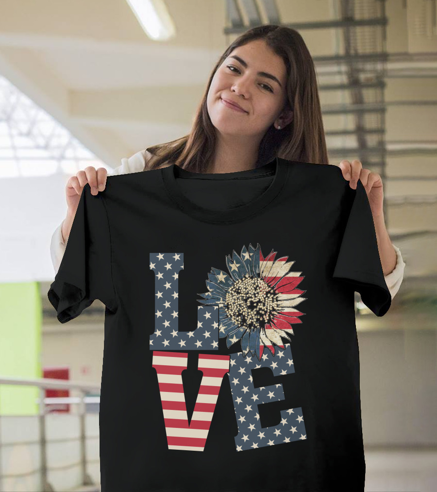 Love Sunflower with American Flag T-Shirt