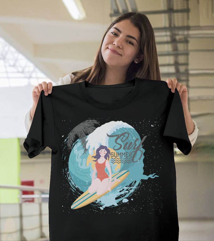 Surf Summer Ocean Wave and Palm Surfing 메탈릭 T-Shirt