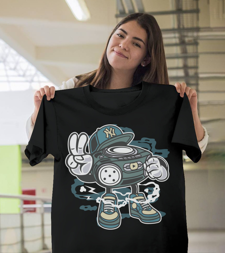 The Beat Hip Hop Radio NYC Style Boombox Character Sneakers Peace Sign T-Shirt