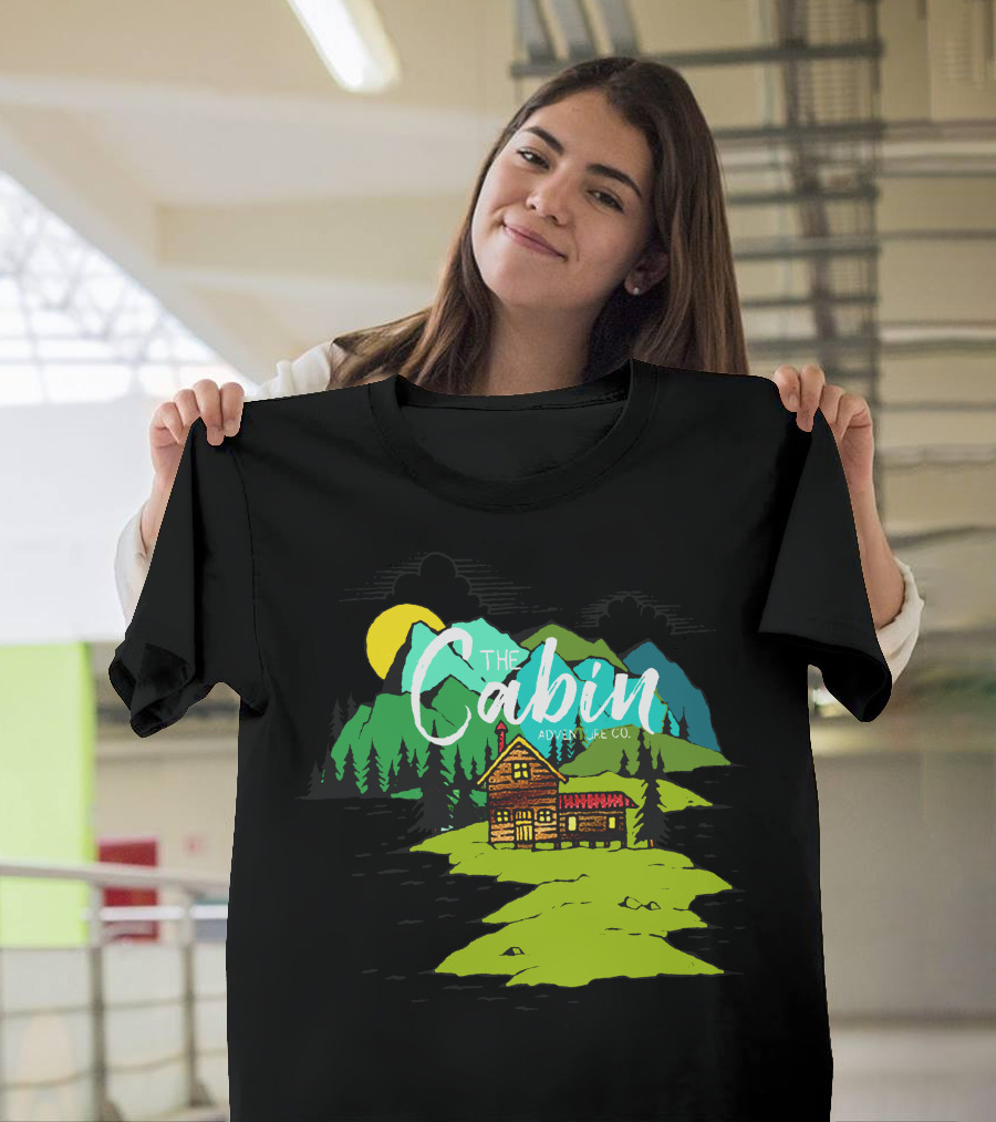 The Cabin Adventure Co on Lake with Mountain and Sun Scene T-Shirt