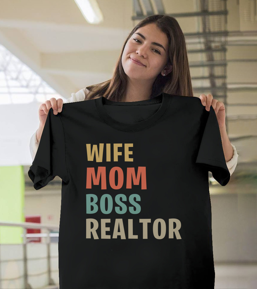 Wife Mom Boss Realtor Multicolor Block Text T-Shirt
