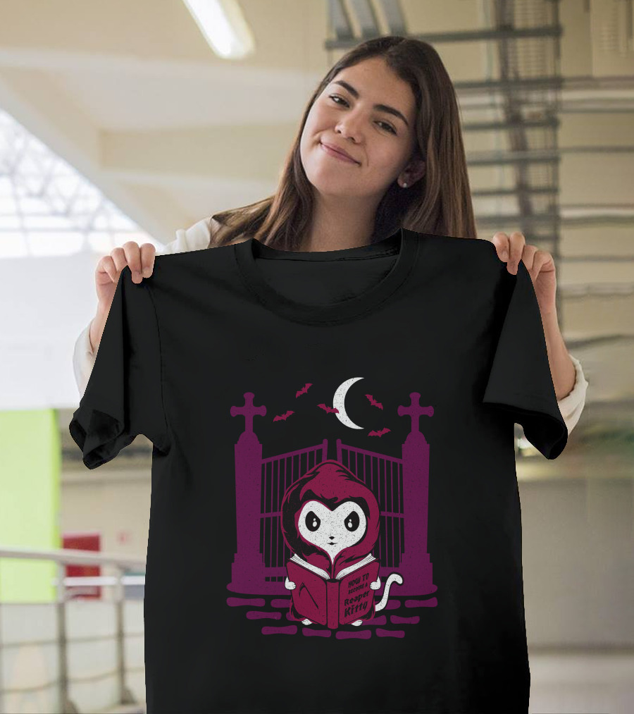 How To Become A Reaper Kitty Reading Guide Moonlit Cemetery Night Sky T-Shirt