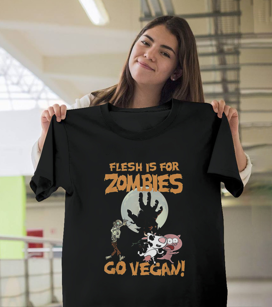 Flesh Is for Zombies Go Vegan Moon Hand Zombie Cow Pig Characters T-Shirt