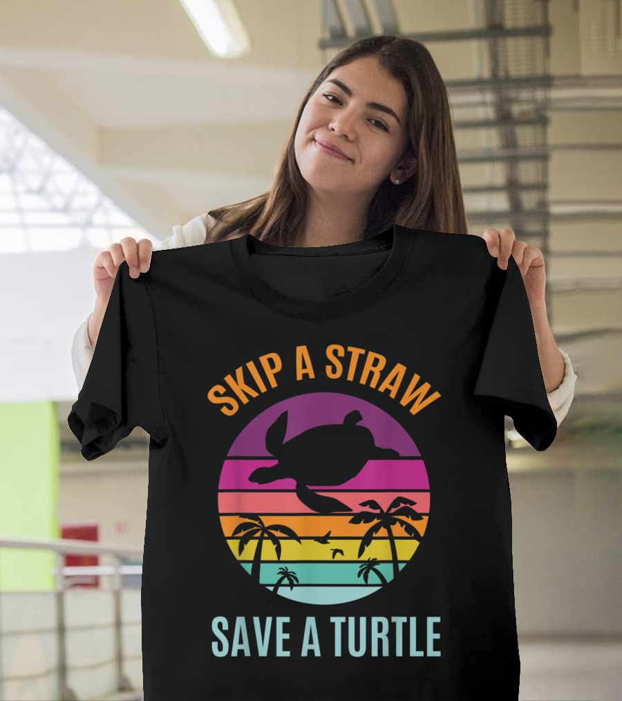 Skip a Straw Save a Turtle Ocean Lover with Sunset and Palm Trees T-Shirt