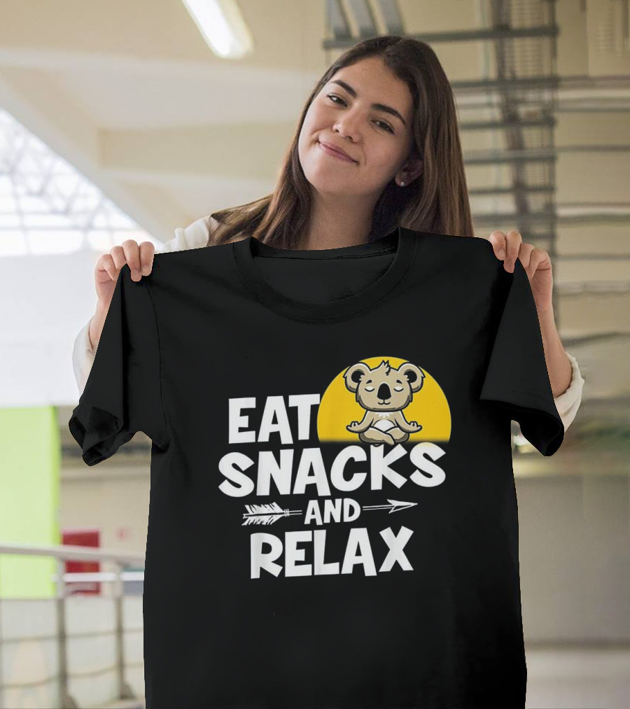 Eat Snacks and Relax Funny Koala Meditation Design with Yellow Background T-Shirt