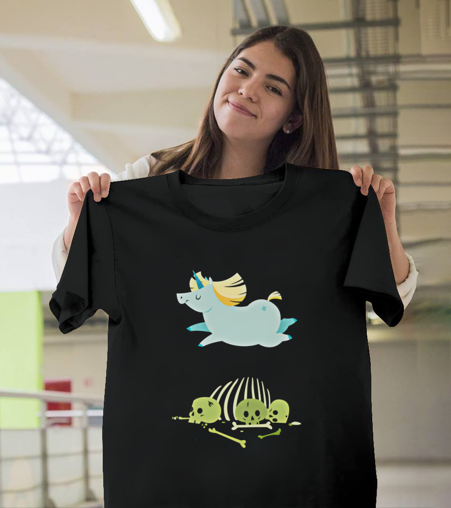 Chubbycorn Unicorn Leaping Over Skeletons T-Shirt