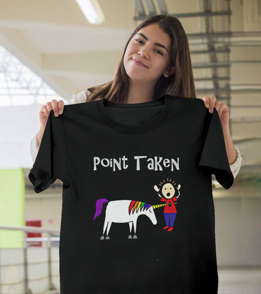 Point Taken Unicorn with Rainbow Horn Striking Stick Figure T-Shirt