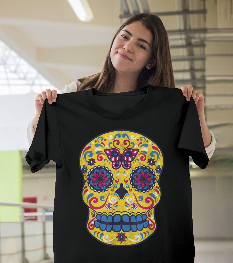Butterfly Floral Colorful Sugar Skull Halloween Costume T-Shirt