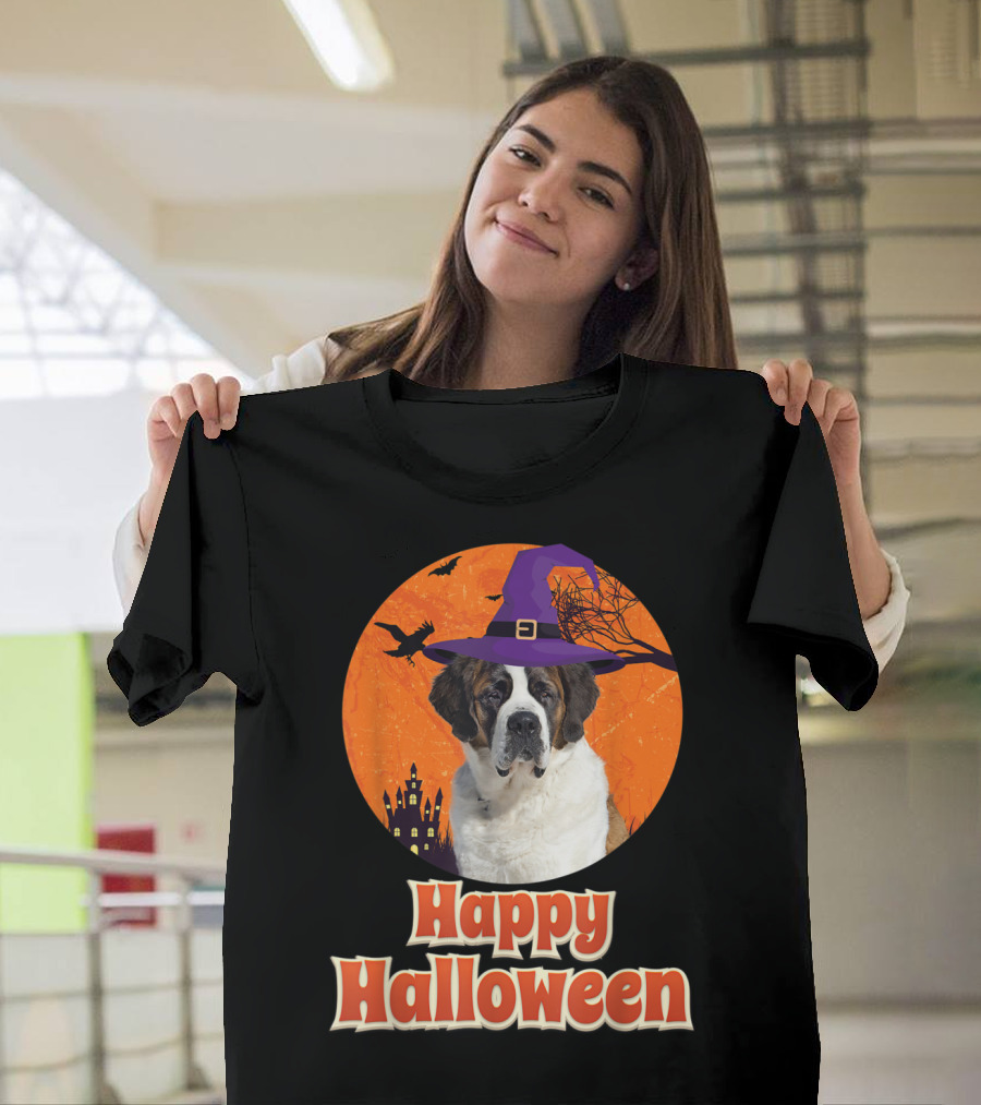Happy Halloween St. Bernard Dog Witch Hat Pumpkin Castle Ghosts Spooky Night T-Shirt