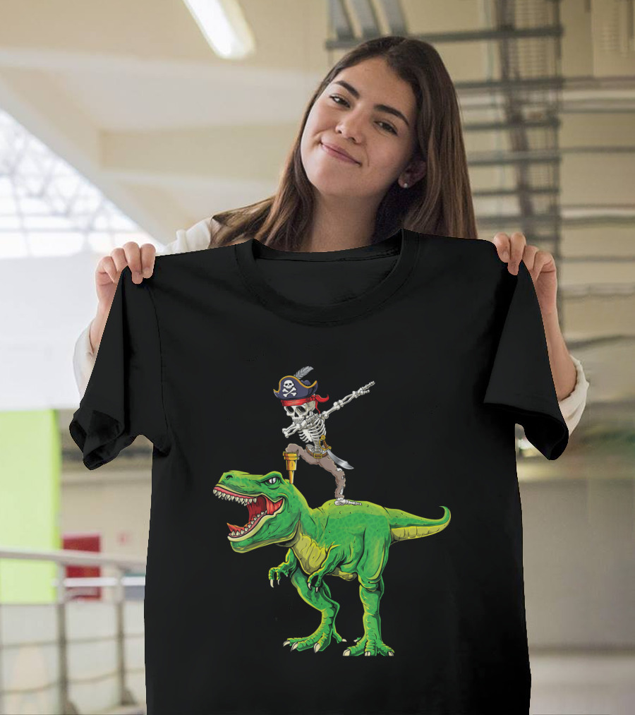 Pirate Skeleton Dab on T-Rex Dinosaur T-Shirt