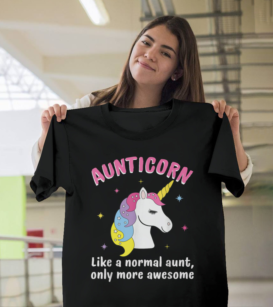 AUNTICORN Like a Normal Aunt Only More Awesome with Colorful Unicorn and Stars T-Shirt