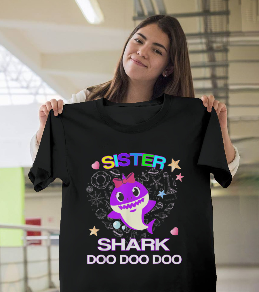 Sister Shark Doo Doo Doo Rainbow Text Starfish Hearts Bow Cute Purple Shark T-Shirt