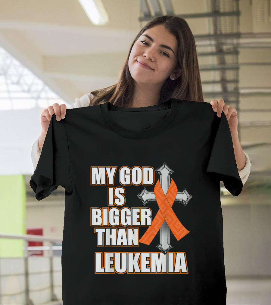 My God Is Bigger Than Leukemia Orange Ribbon Cross Emblem T-Shirt