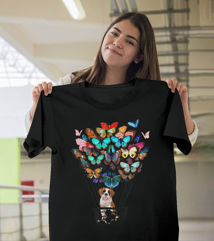 St. Bernard Tzu Dog with Colorful Butterfly Hot Air Balloon T-Shirt