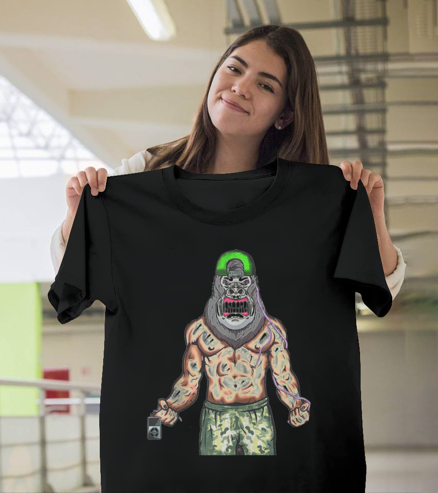 Gorilla Scary Ape Muscular Camouflage Pants Snapback Hat Grotesque Mask Photo Holder T-Shirt