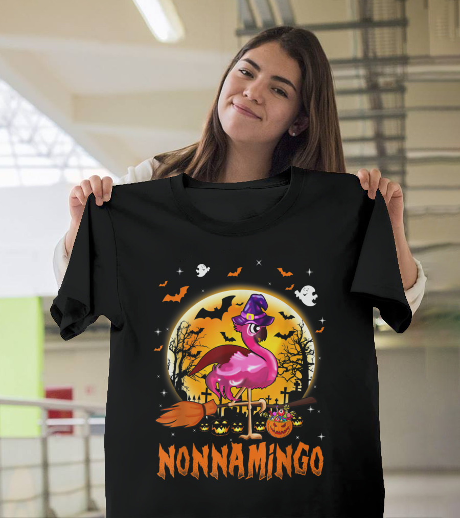 NONNAMINGO Flamingo Halloween Ghost Moon Bats T-Shirt