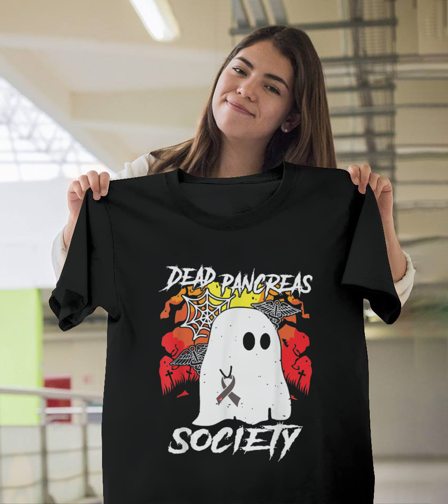 Dead Pancreas Society Funny Ghost With Spiderweb and Ribbon Wings T-Shirt