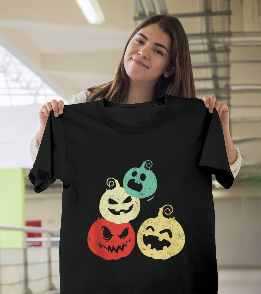 Vintage Style Halloween Pumpkin Faces Retro Grunge Aesthetic T-Shirt
