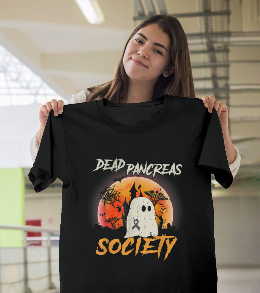 Awareness Dead Pancreas Society Halloween Ghost Ribbon Moon Haunted House T-Shirt